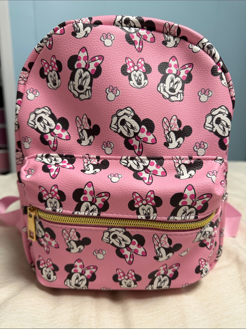 NWOT Disney Pink Minnie Mouse Patterned Kids Mini Backpack with Gold Zipper